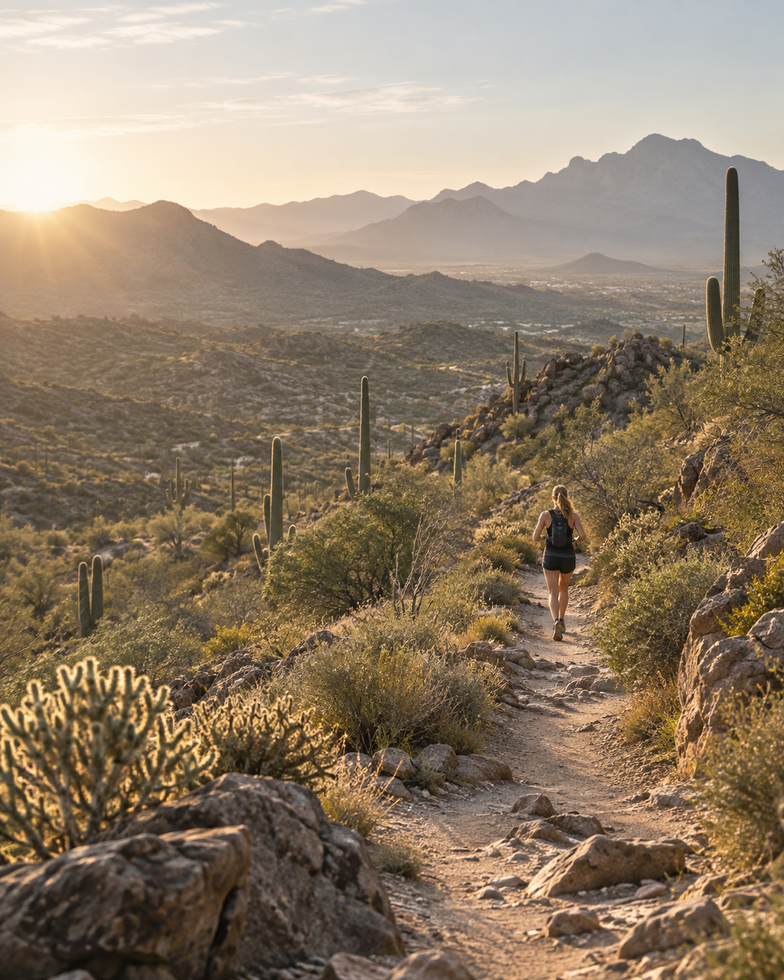 Runner on a sunlit desert mountain trail