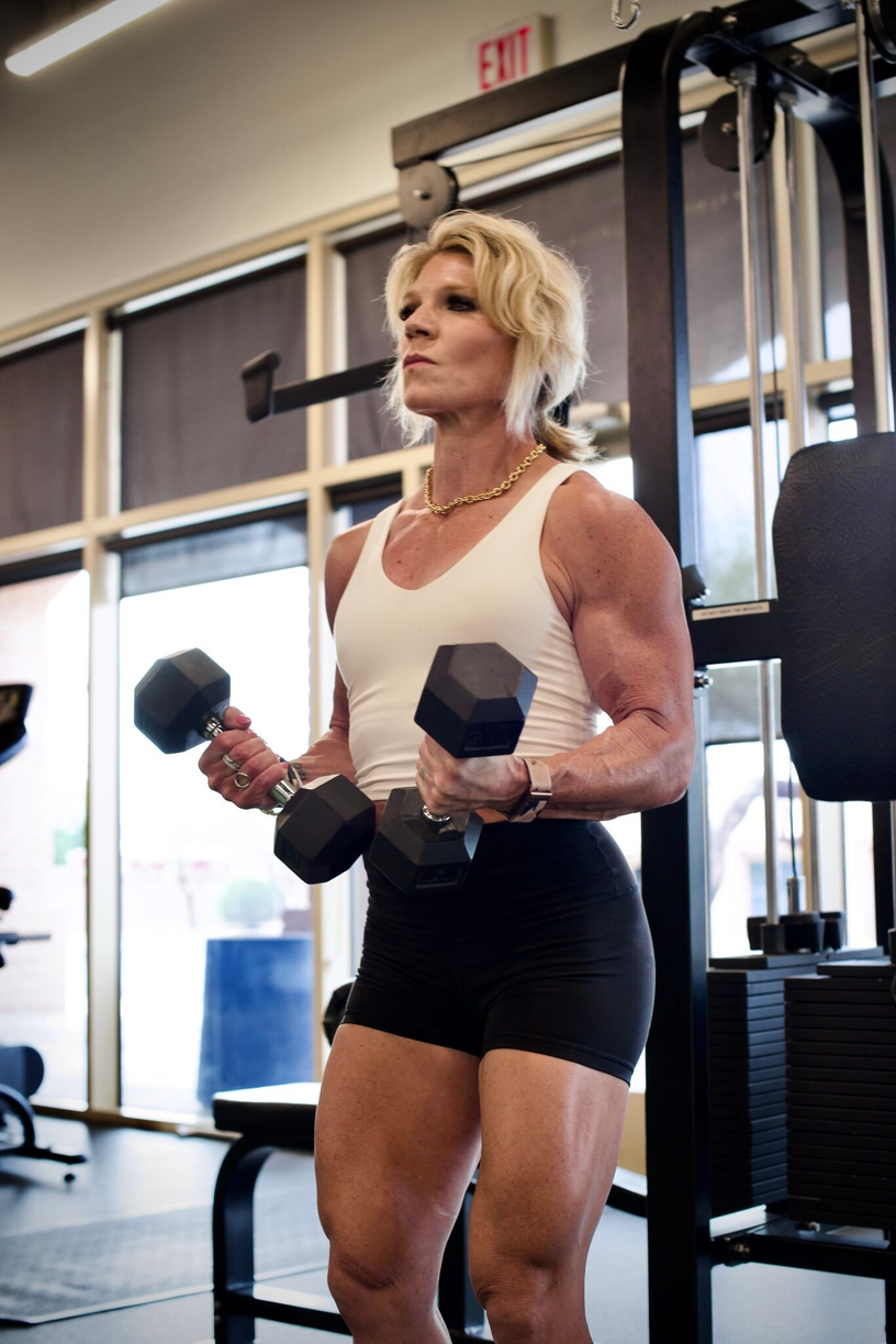Rachelle strength training with dumbbells